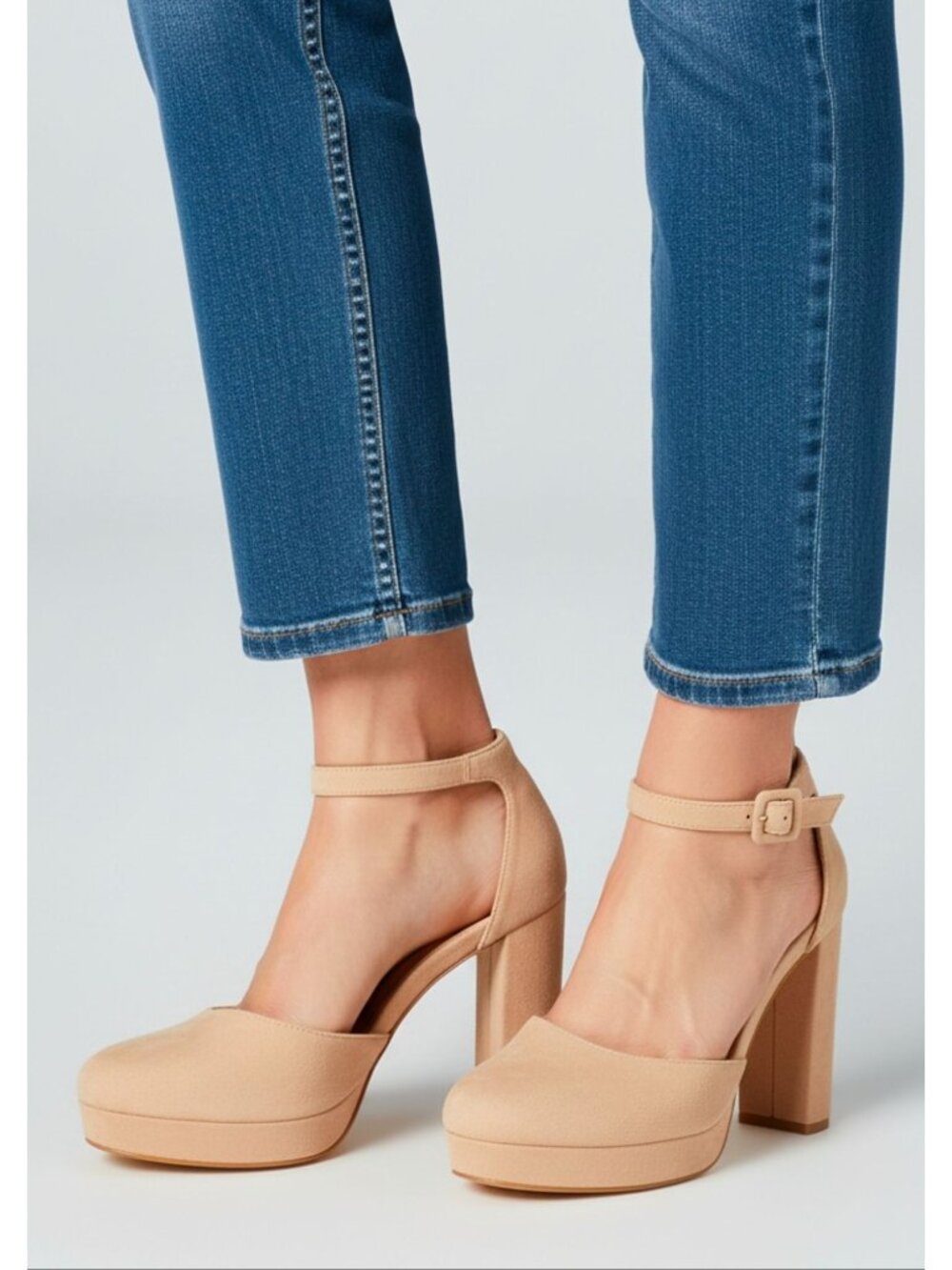 Nude Platform Block Heel Ankle Strap Pumps For Women Faux Suede Material